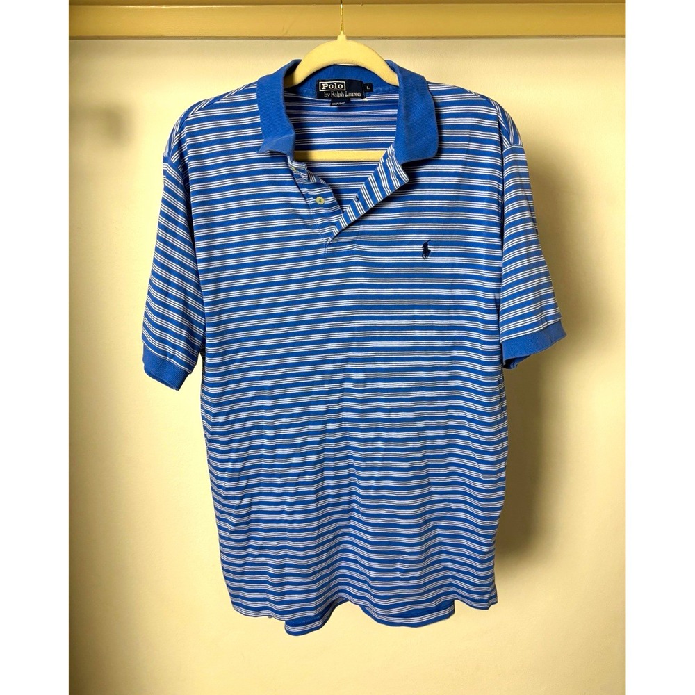 Vtg Polo Ralph Lauren Striped Blue White Cotton Knit Polo Shirt Mens Large L
